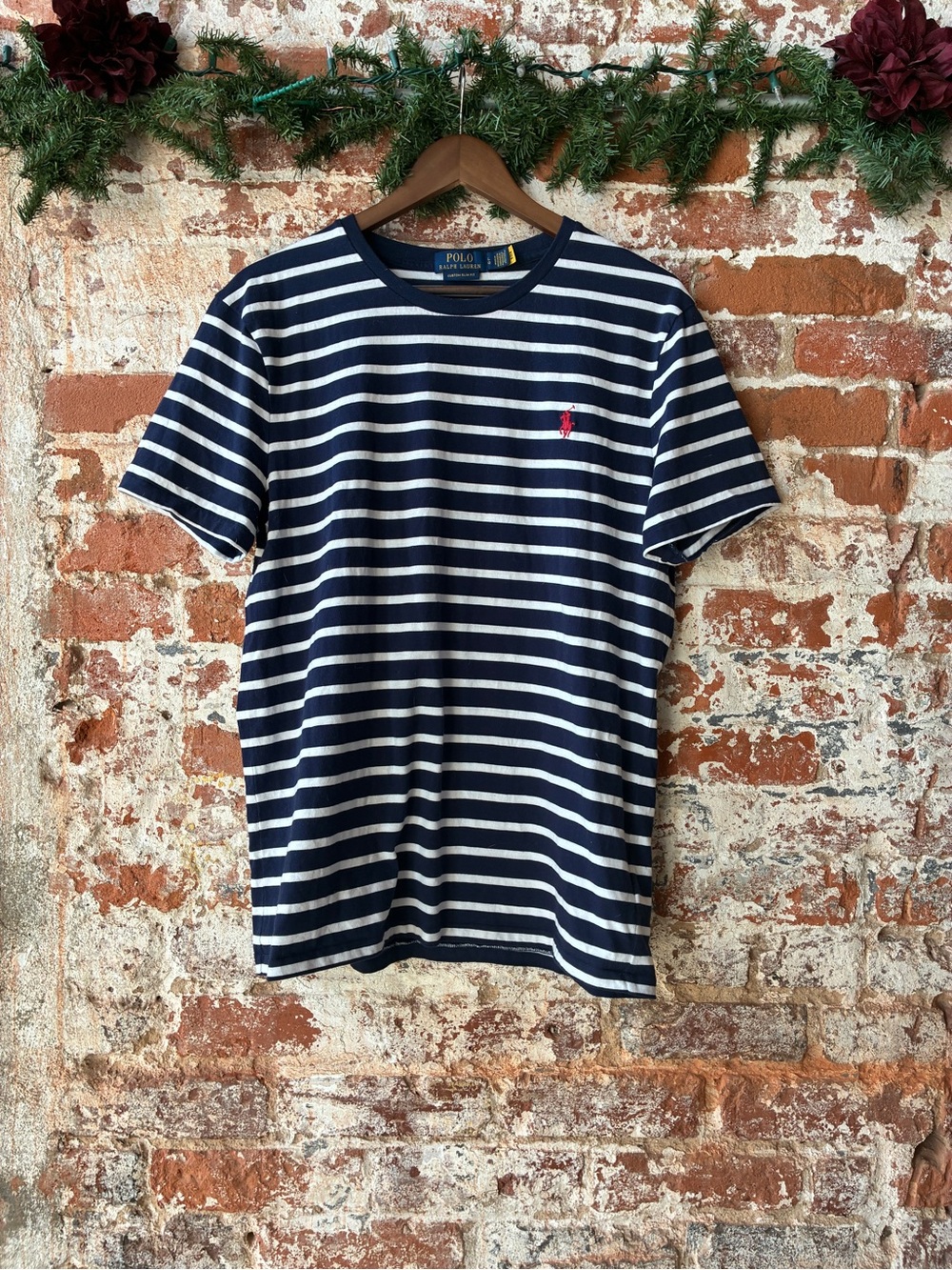 Ralph Lauren Navy and White Striped Crew Neck Tee with Red Pony